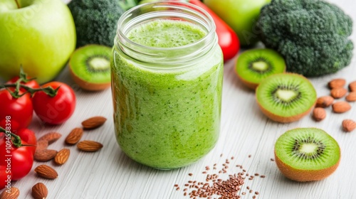 Healthy green smoothie with fresh ingredients on a wooden surface