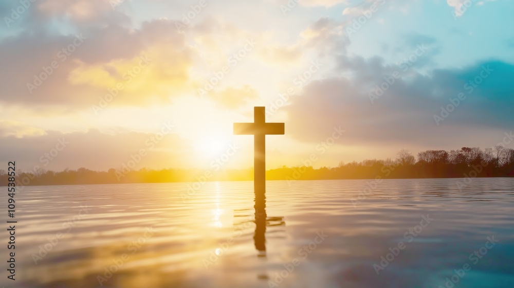 Silhouette of wooden Christian cross on river lake during sunset Silhouette of wooden Christian cross on river lake during sunset