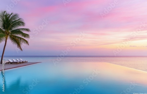 Tranquil sunset over calm ocean with palm trees and infinity pool