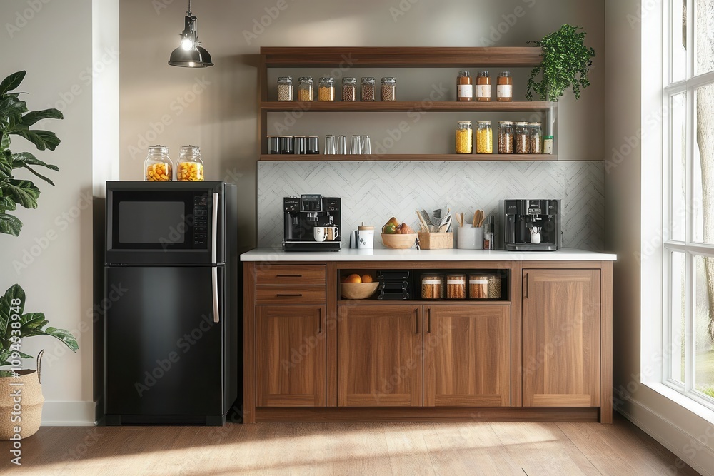 Modern kitchen with wooden cabinets, appliances, and jars for storage. Modern kitchen with wooden cabinets, appliances, and jars for storage.