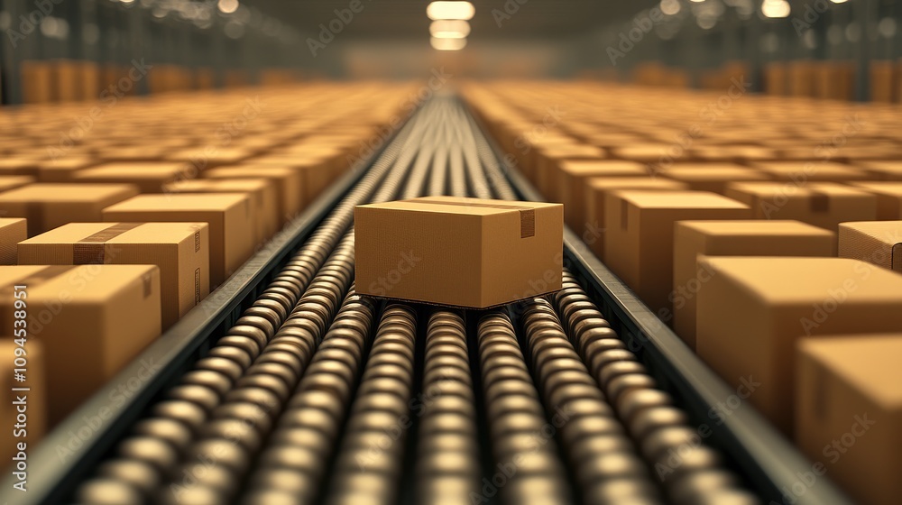 Fototapeta premium Efficient packaging solutions in a busy warehouse filled with organized pallets and a smooth conveyor system