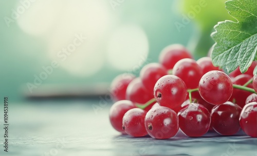 Fresh red currants arranged artistically on a rustic table with a soft blurry...