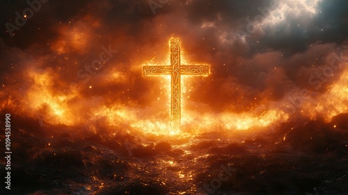 A glowing cross emerges from fiery chaos, symbolizing hope amidst turmoil in a dramatic, apocalyptic landscape.