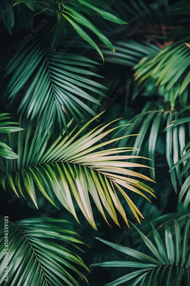Lush green palm leaves arranged naturally in a tropical setting during daylight hours Lush green palm leaves arranged naturally in a tropical setting during daylight hours
