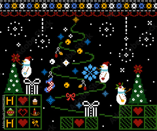 Christmas abstract art background, print, fabric, handmade, embroidery, Pixel pattern, seamless Geometric ethnic oriental, wallpaper, clothing, wrapping, Batik, fabric, and illustration embroidery.