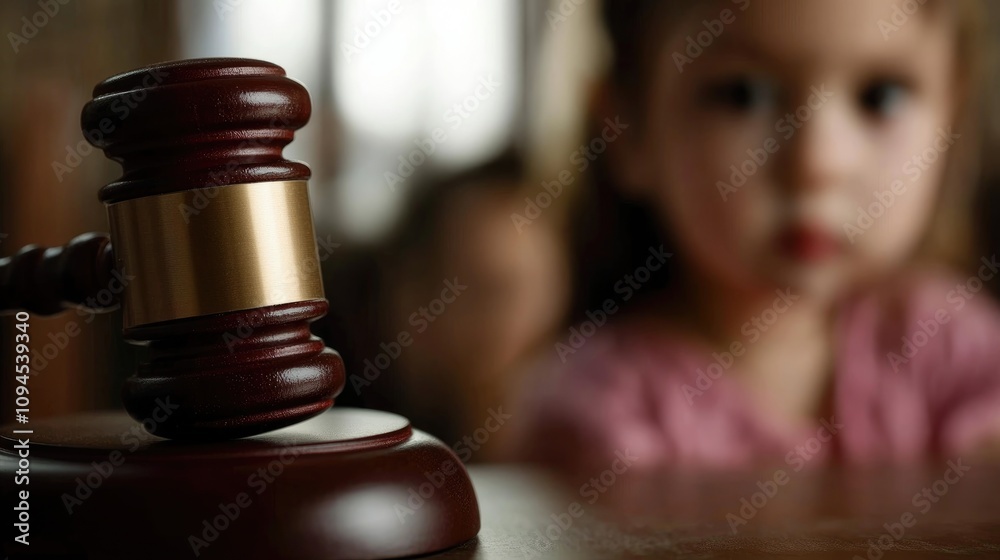 Close-up of a judge's gavel on a wooden surface with a blurred child in the background, symbolizing the concept of child custody and legal proceedings. Close-up of a judge's gavel on a wooden surface with a blurred child in the background, symbolizing the concept of child custody and legal proceedings.