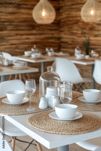 Elegant dining setup in a cozy log cabin during early morning light
