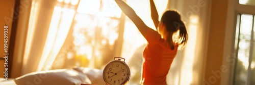 Morning routine of a woman joyfully waking up to the sunlight and a clock on ...