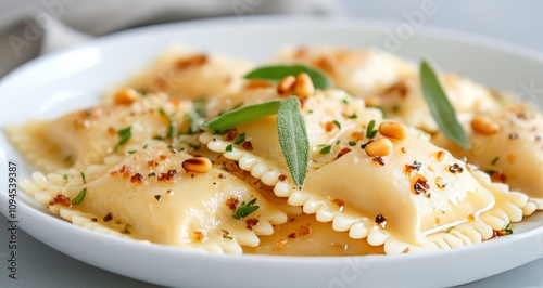 Fresh ravioli served with sage and pine nuts on a white plate in a bright kit...