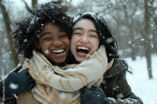 Young woman having fun and enjoying snow in a winter forest, waist up portrait photo