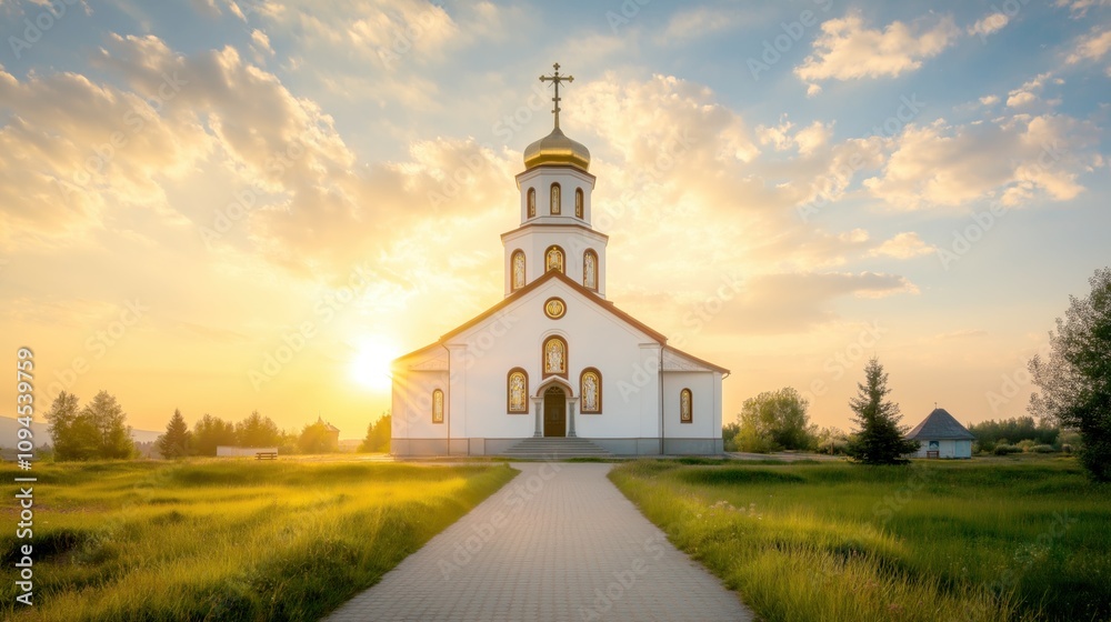 Fototapeta premium Beautiful church in the morning sun light shine on lush green grass