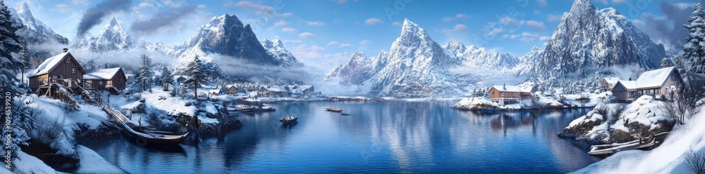 During winter, a scenic view of a snowcapped mountain can be seen by the lake During winter, a scenic view of a snowcapped mountain can be seen by the lake