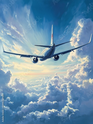 Airplane flying through fluffy clouds in a bright blue sky during daytime