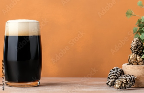 Dark beer served in a frosty mug with hops on a rustic surface