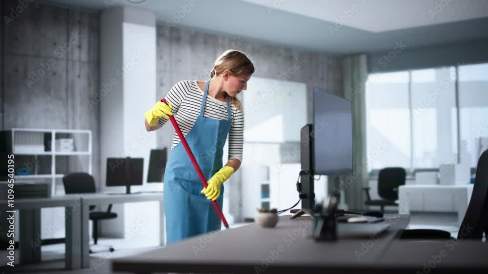 Female Janitor With Mop Cleaning Modern Office
