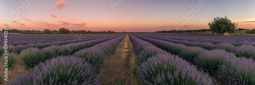 Lavender fields stretch under a colorful sunset in a serene rural landscape