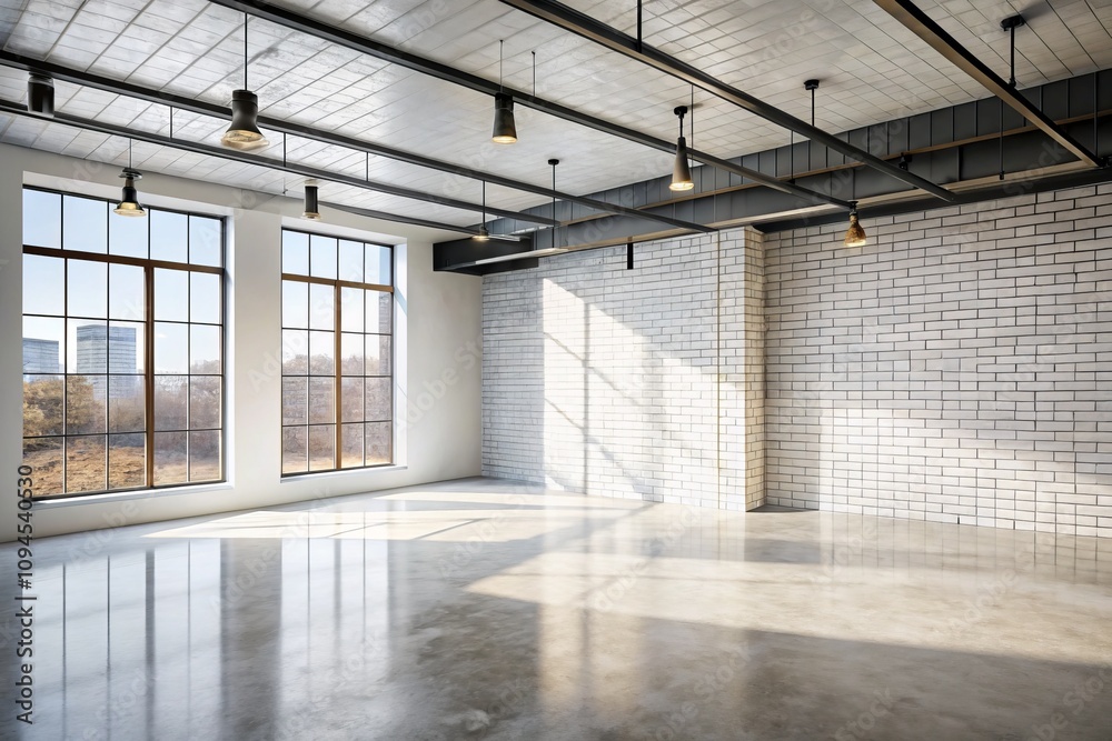 Industrial Loft Style Empty Room with White Brick Wall and Polished Concrete Floor in 3D Render Featuring Black Steel Tube Decorations for Modern Interior Design Inspiration Industrial Loft Style Empty Room with White Brick Wall and Polished Concrete Floor in 3D Render Featuring Black Steel Tube Decorations for Modern Interior Design Inspiration