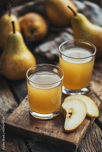 Refreshing pear juice served with fresh pear slices on a rustic table