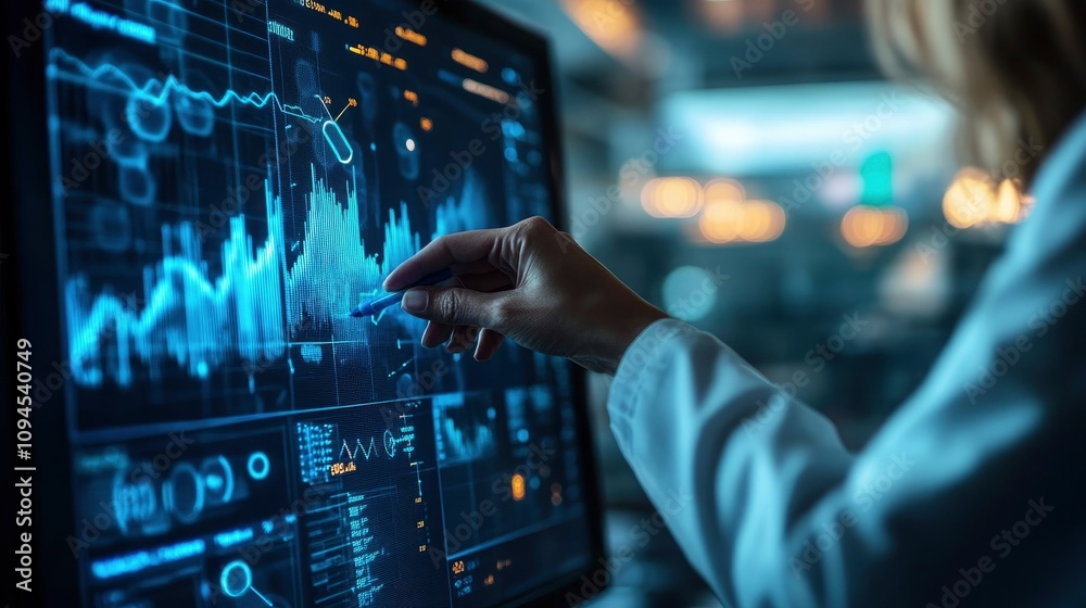 Close-up of a scientist analyzing data on a high-tech monitor, laboratory setting Close-up of a scientist analyzing data on a high-tech monitor, laboratory setting
