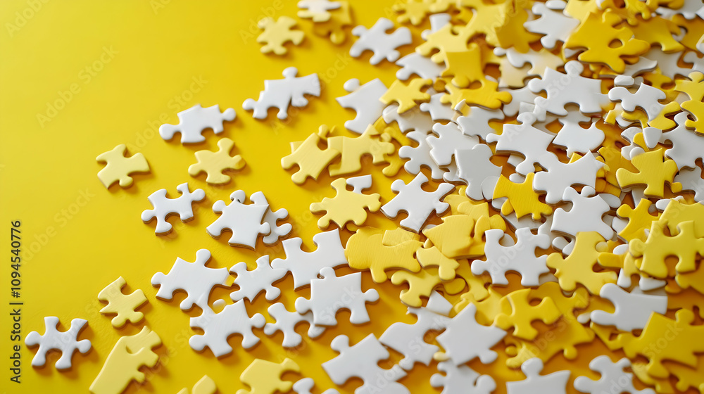 Abstract Yellow and White Puzzle Pieces Scattered on a Vibrant Yellow Background, Illustrating a Concept of Problem Solving and Creative Thinking. Abstract Yellow and White Puzzle Pieces Scattered on a Vibrant Yellow Background, Illustrating a Concept of Problem Solving and Creative Thinking.