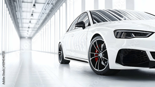 White Luxury Sedan Showcased in Modern Hallway,  3D Render
