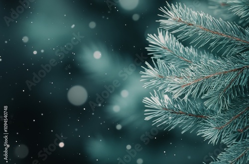 Winter wonderland with snowflakes falling on evergreen branches in a serene a...