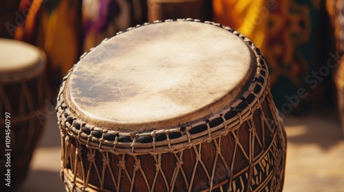 Artful craftsmanship of an African drum featuring stretched hide showcases its design photo