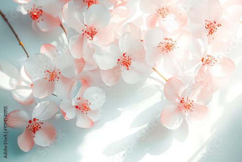 Close up of a bunch of white flowers with pink centers. The flowers are arranged in a way that they look like they are in a field. The image has a serene and peaceful mood photo