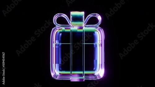 Abstract futuristic silhouette gift box with bow from glass iridescent texture. 3d animation modern festive decoration isolated on black background.