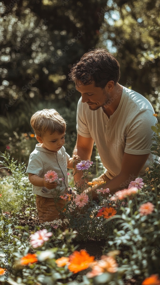 Close up photo of father and son planting flowers in a garden, bonding moment Close up photo of father and son planting flowers in a garden, bonding moment