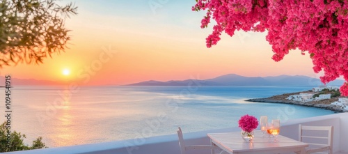 Romantic outdoor dining experience by the sea at sunset with blooming flowers