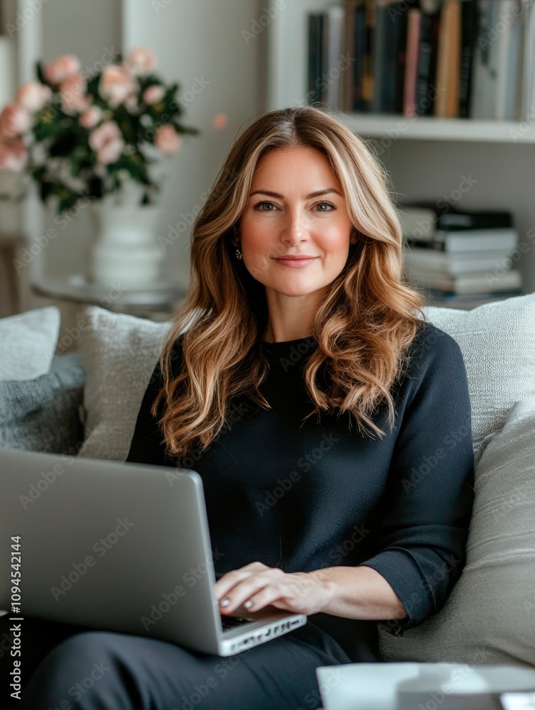 Close up photo of a woman working from home in comfortable attire, sitting on the couch with a laptop