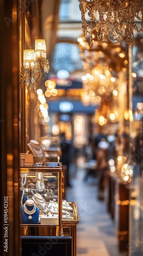 Elegant jewelry display in a luxurious boutique during afternoon hours