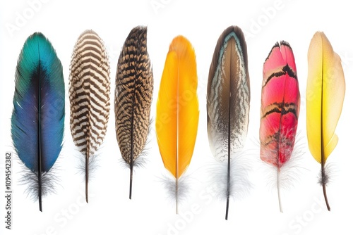 A vibrant collection of colorful feathers arranged in a line against a white background.