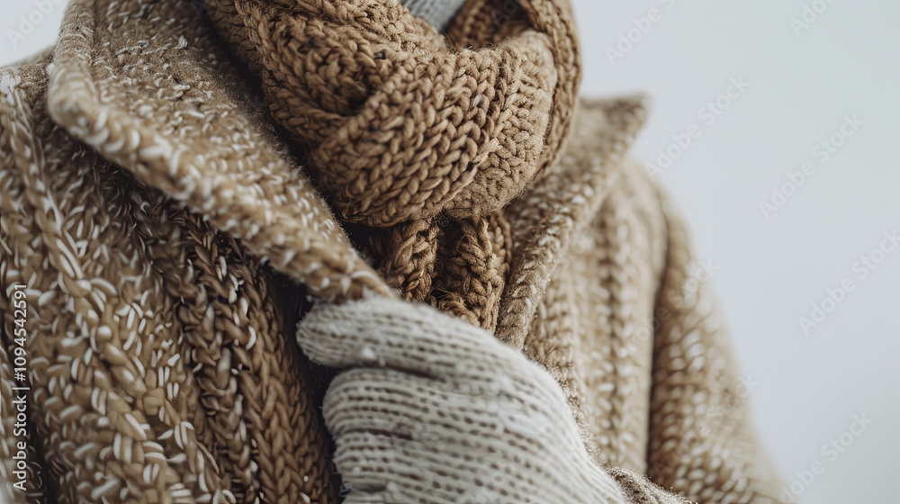 Stylish minimalist winter fashion featuring a wool coat, knitted scarf, and gloves, set against a snowy white backdrop, showcasing warmth, elegance, and seasonal style Stylish minimalist winter fashion featuring a wool coat, knitted scarf, and gloves, set against a snowy white backdrop, showcasing warmth, elegance, and seasonal style