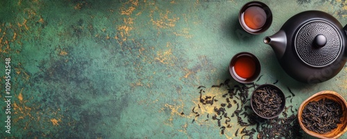 Delicious black tea preparation with a teapot and dried tea leaves on a rusti...