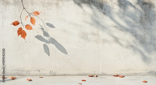 Autumn leaves casting shadows on a textured wall in soft sunlight