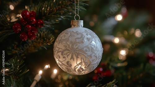 Elegant glass ornament hangs on Christmas tree branch with soft lighting