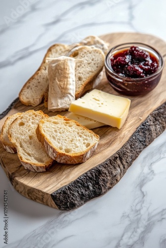 Delicious cheese and bread platter served with berry jam on a wooden board