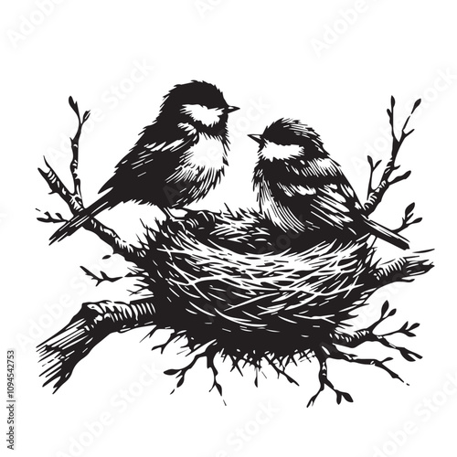 Two little cute bird with nest vector silhouette. cute bird with nest vector illustration.