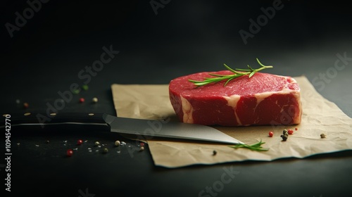 Fresh cut beef steak on brown paper with herbs and knife on dark surface