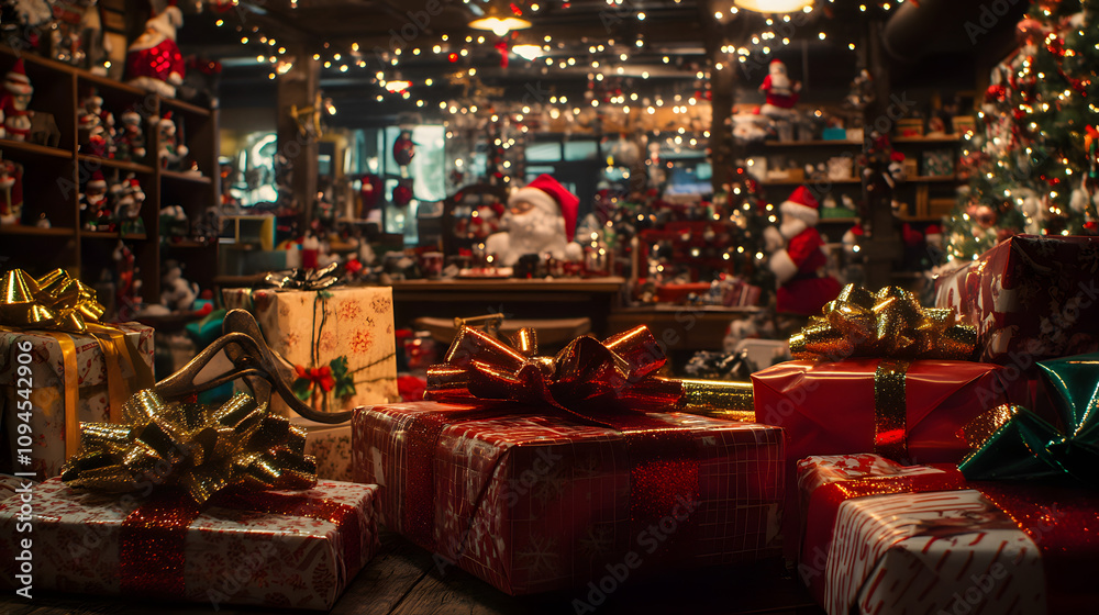 A bustling scene of Santas workshop filled with sparkling tools vibrant wrapping paper and glittering bows. A bustling scene of Santas workshop filled with sparkling tools vibrant wrapping paper and glittering bows.