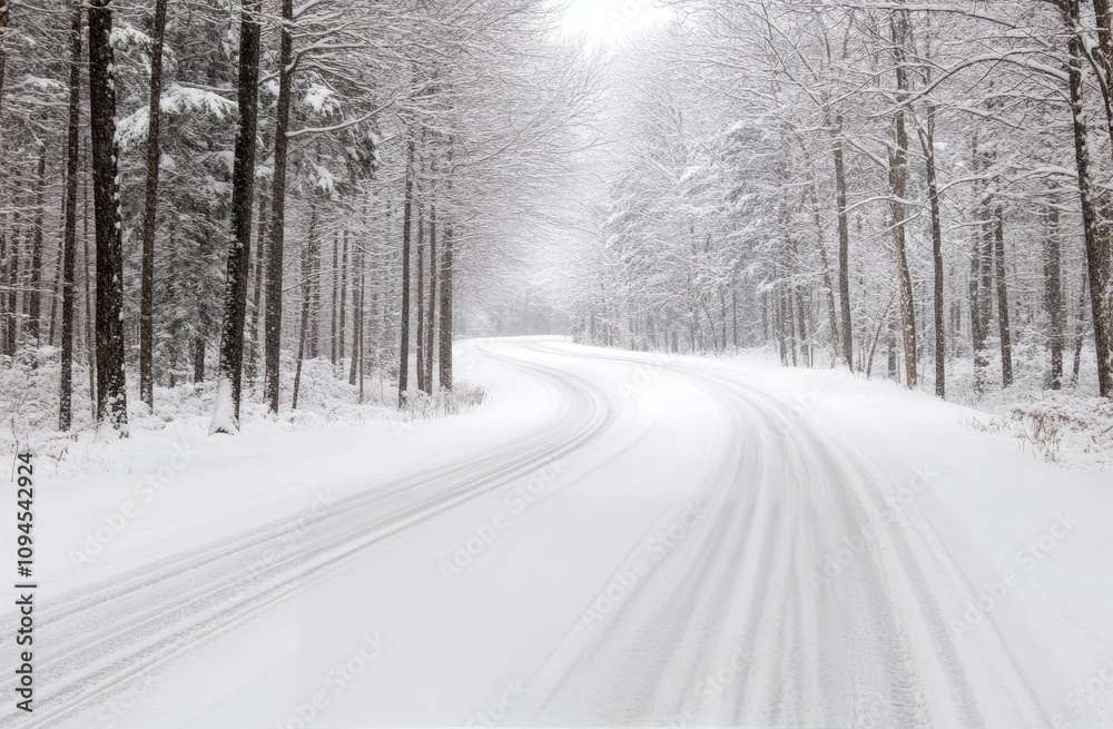 Fototapeta premium Snowy winding road through quiet forest landscape in winter season