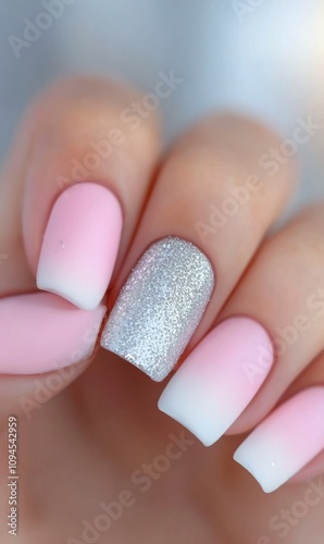 Elegant pink and silver nail design showcasing a gradient finish and sparkle