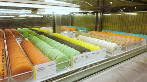 Colorful macarons displayed for sale in the bakery shop.