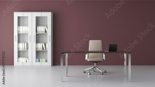 modern office ceo room with simple chair and table in modern interior with purple theme with file shelf unique 3D rendering pic 