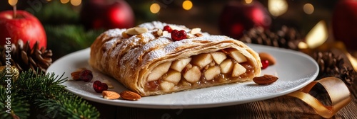 Festive apple strudel served on a plate surrounded by holiday decorations
