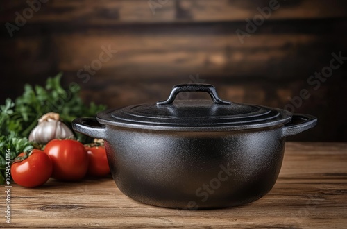 Cast iron pot on wooden table with fresh vegetables in rustic kitchen setting