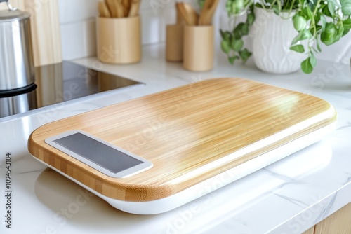 Modern wooden cutting board with a built-in digital scale placed on a white marble countertop in a minimalist kitchen setting

 photo