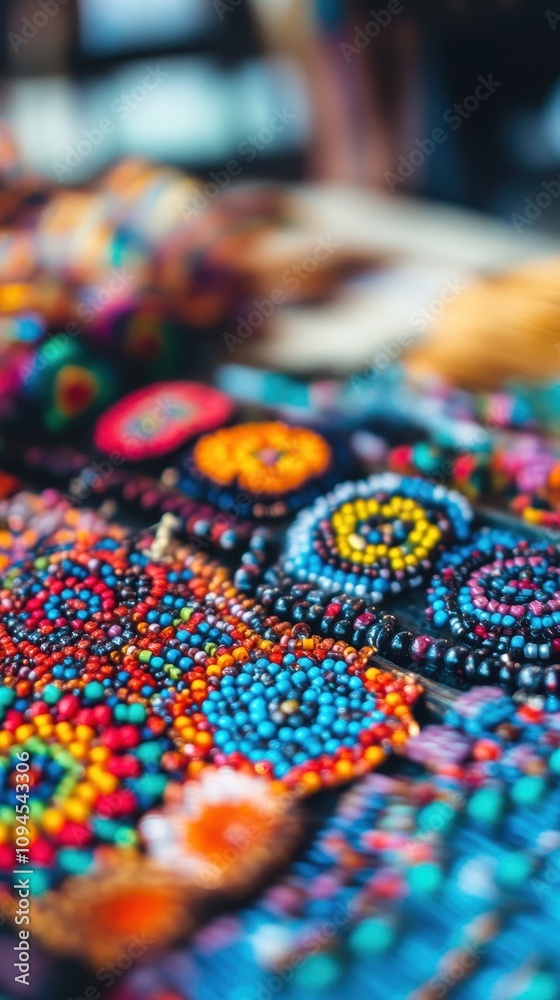 Obraz premium Colorful Filipino beadwork showcases intricate patterns and textures with tools and materials